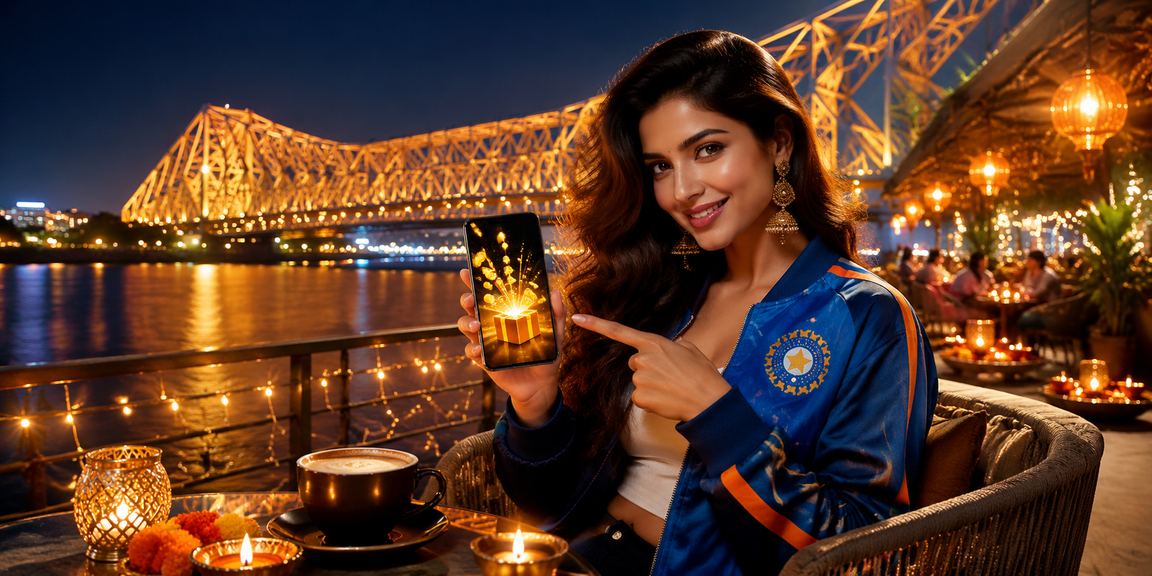 Scenic Howrah Bridge with Diwali lights and cricket betting theme